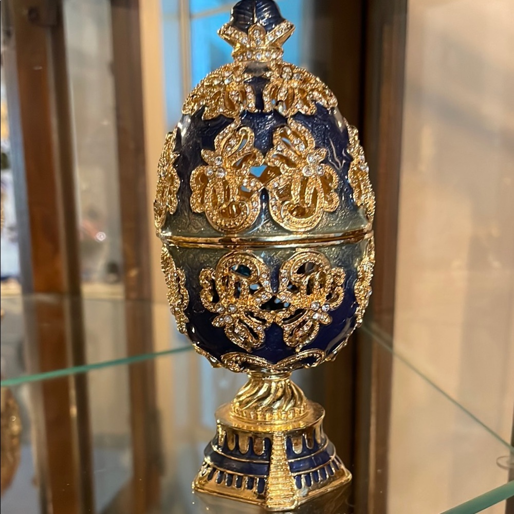 Faberge Style Austrian Crystal Blue and Gold Decorative Egg